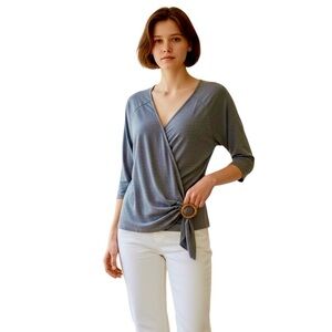BOBEAU 3/4 sleeve wrap top adjustable wood buckle, LG